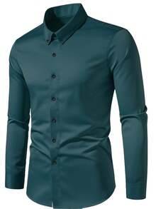 Men's Formal Shirt, Button Design, Minimalist, Business, Commute, Solid Color, Long Sleeve - Teal Blue - View 5