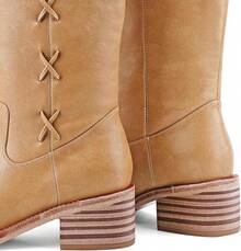 Women's Knee High Chunky Block Heel Square Toe Low Heel Boots, Style - Lace Brown - View 5