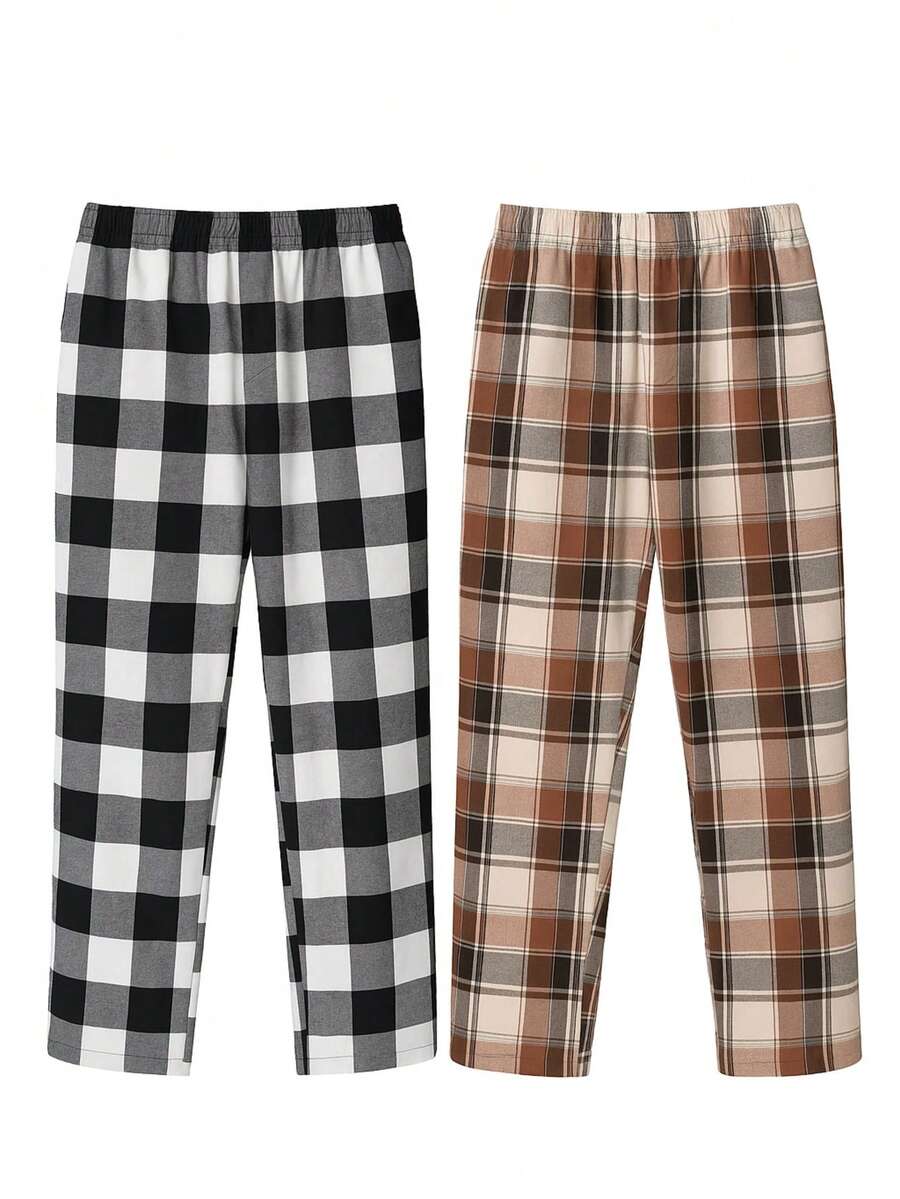 Set Of 2 Men's Winter Sleep Pants In Plaid Flannel - Màu be - Xem 1