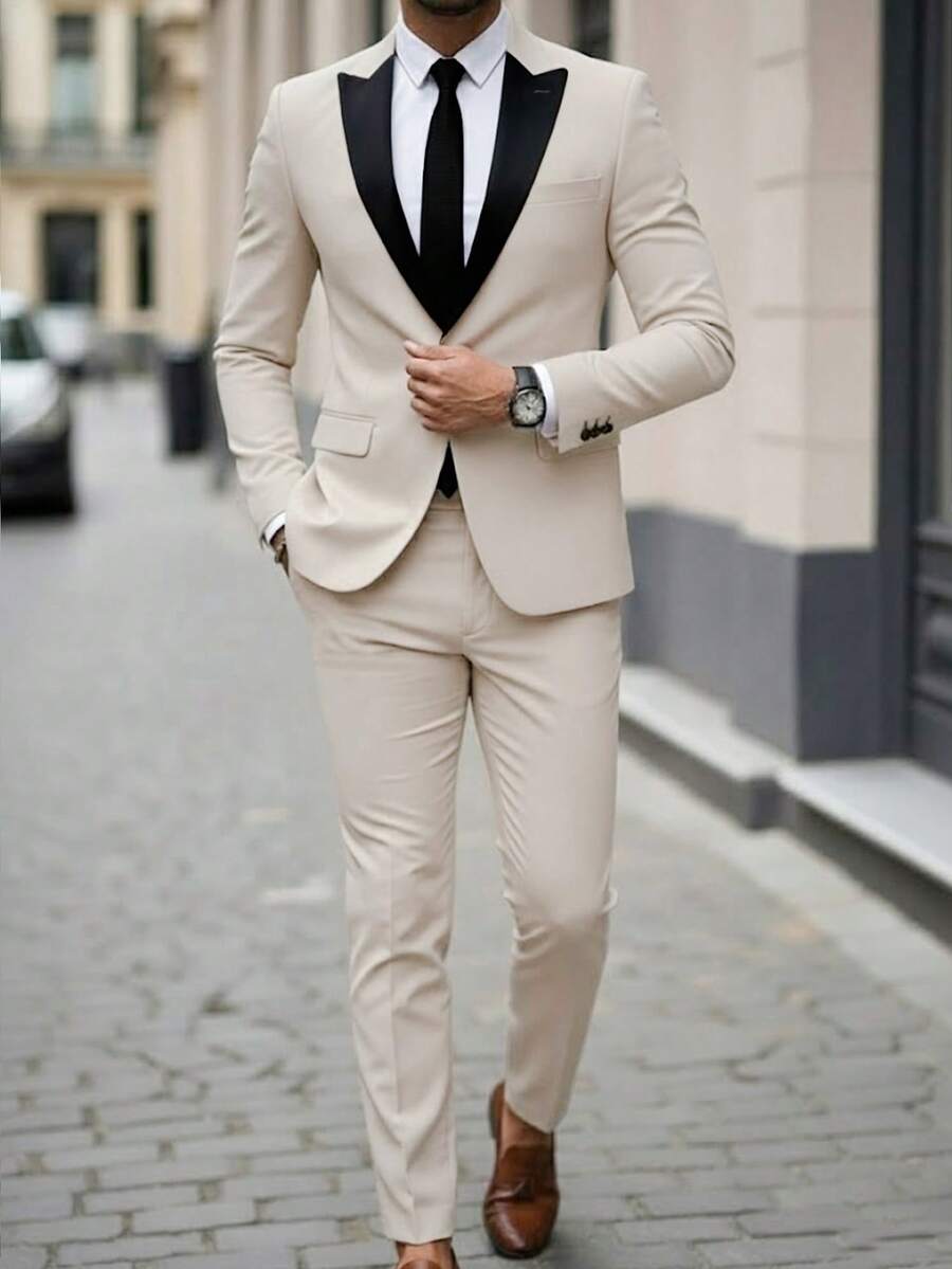 Men's Classic Contrast Color Suit Set, Including Jacket And Pants, Enjoy A Premium Wearing Experience, Suitable For Spring And Autumn - Beige - View 1