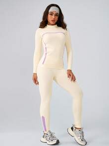 Leorrey 1 Set Damen nahtloser modischer Outdoor-Ski, Fitness, Workout, Laufen Langarm-Oberteil und lange Hose Sportanzug Ski-Outfit