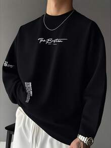 Men's Fashionable Versatile Minimalist Printed Casual Crew Neck Slim Fit Long Sleeve T-Shirt, Spring/Autumn