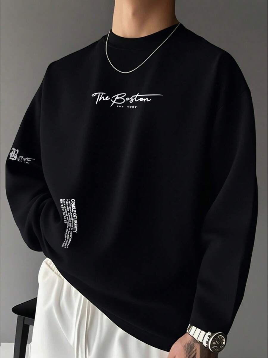 Men's Fashionable Versatile Minimalist Printed Casual Crew Neck Slim Fit Long Sleeve T-Shirt, Spring/Autumn