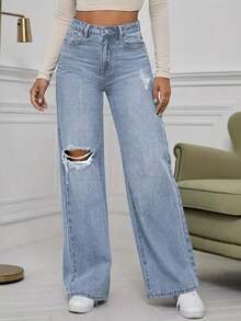 Pantalones vaqueros de pierna ancha con diseño de bolsillo desgastado de alta calidad y estilo casual - azul claro - Ver 2