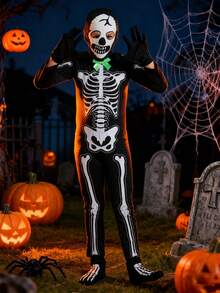 4pcs Boys' Glow-In-The-Dark Horror Bowknot, Skeleton Jumpsuit Costume For Halloween Cosplay Party Performance