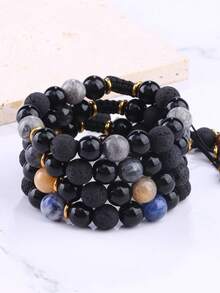 Natural Stone & Stainless Steel Beaded Bracelet, Woven Design, Fashionable & High-End, Luck Charm, Gift For Boyfriend