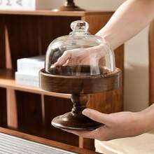 带玻璃盖的木制底座托盘，有 15/17/20 厘米尺寸可选，防尘展示盘，用于坚果、糖果、水果和家居装饰 - 棕色 - 查看 4