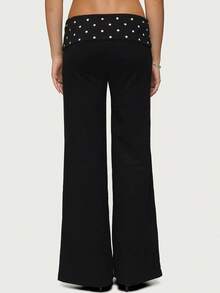 Womens Fold Over Yoga Pants Low Waist Contrast Color Wide Leg Flare Pants Sweatpants - Chấm bi đen - Xem 4