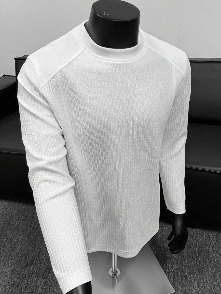 1 件男士宽松圆领长袖休闲毛衣，针织面料，可机洗 - 白色 - 查看 1