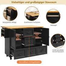 Kücheninsel, Schrank, Sideboard, 120x73(45) X 93 Cm, Ausziehbarer Küchenwagen Auf Rollen Mit Handtuchhalter Und Gewürzregal, Verstellbare Einlegeböden, Zwei Türen, Fünf Schubladen, Weiß/Schwarz - Black - View 5