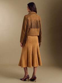 Simplee Women's Autumn/Winter New Urban Fashion Brown Faux Suede Jacket, Front Button Pockets With Rivet And Fringe Decoration, Suitable For Streetwear, Vacation, And Party Wear - Brown - View 4
