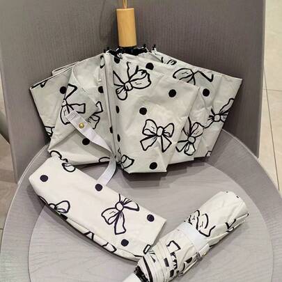 Minimalist Polka Dot Bow Tie Manual Folding Umbrella, Black, Suitable For Sunny And Rainy Days, UV Protection,Cute Stuff