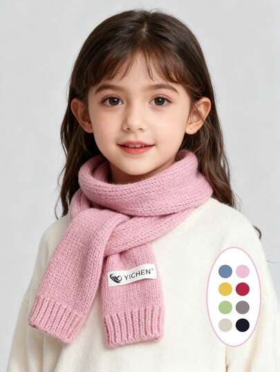 1 pièce Écharpe longue tricotée de couleur unie simple pour enfants, écharpe épaisse et chaude pour filles pour l'automne/l'hiver, convient pour le port quotidien, les activités extérieures, l'école, Noël