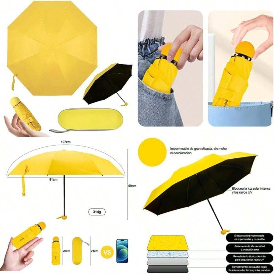Paraguas De Bolsillo,Sombrillas Para Lluvia PortáTil Uv,Eight And Five Folds Paraguas,Unisexo,FáCil De Cargar,Bueno Para DíAs Soleados O Lluviosos,Caja de almacenaje(Amarillo) - Tipo 1 - Ver 1