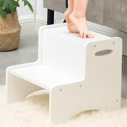 Toddler Step Stool, Wooden 2 Step Stools For Bathroom Sink Potty Training Kitchen Dual Height Stool Helper For Kids Bonus Non-Slip Pads And Handles For Safety
