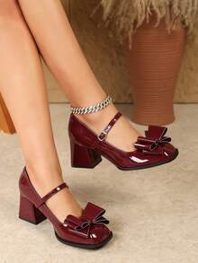 大码女式玛丽珍鞋，粗跟，方头高跟鞋，酒红色 - 酒紅色 - 查看 3