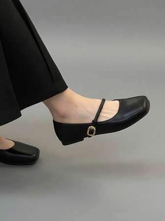Women's Square Toe Mary Jane Black Retro Flat Shoes, Comfortable One-Strap Breathable Flat Shoes With Cold Glue Craft