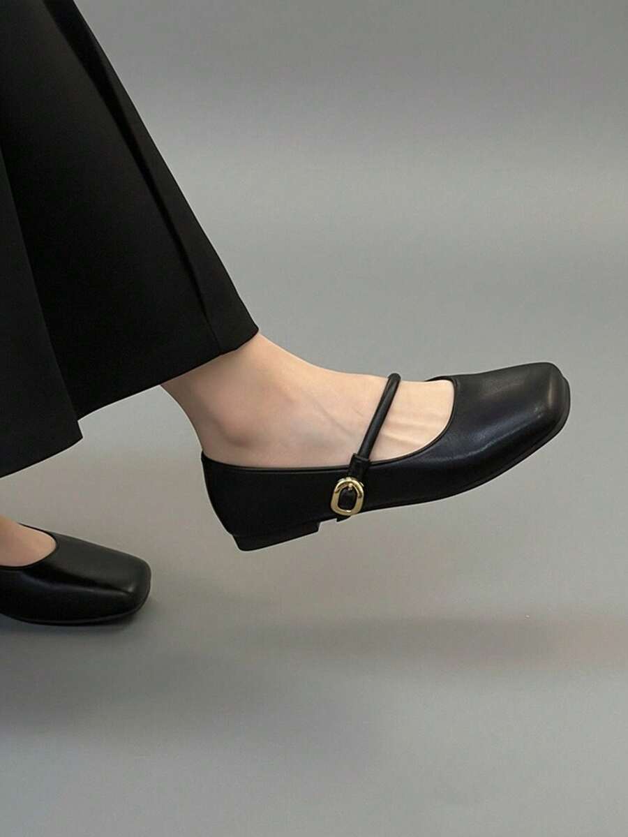 Women's Square Toe Mary Jane Black Retro Flat Shoes, Comfortable Strap Breathable Flat Shoes With Cold Glue Craft