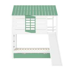 Letto a Castello, Letto a Soppalco con Letto Estraibile e Scivolo, Per Camera dei Bambini, Design Compatto, 90X200 cm, Bianco+Verde - Bianco+Verde - Visualizzare 2