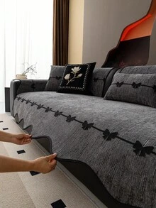 1件欧式清新不对称沙发垫套，蝴蝶结饰边镶嵌，雪尼尔质感沙发垫，奢华简约沙发套，保护沙发，防滑防尘防刮，装饰沙发，适用于卧室、客厅、办公室、书房，可机洗，通用沙发套 - 灰色 - 查看 5