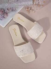 Plus Size Women's Slip-On Flat Sandals, Black Square Toe Rhinestone Non-Slip Soft Bottom Lace-Up Slippers, Fashionable With Dresses, Suitable For Beach, Ideal For Housewives - White - View 4