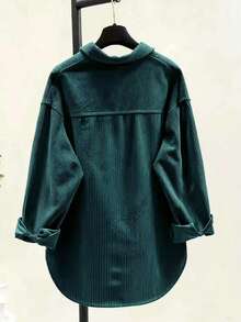 Damen Cord Hemd - Militärgrüner Kragen Langarm Top, 100% Polyester maschinenwaschbar, eleganter Lässig Unifarbton Alltagskleidung, geeignet für alle Jahreszeiten - Armeegrün - Übersicht 2