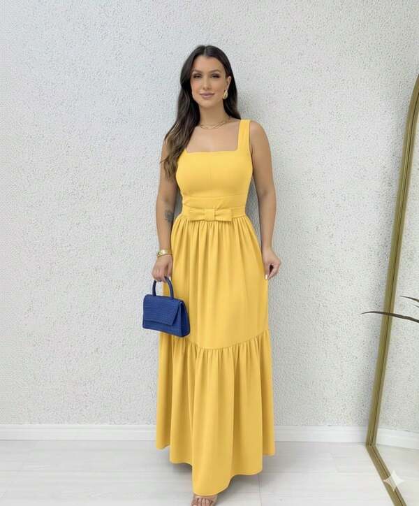 Vestido Longo Feminino Tecido Sensorial Marrant Com Lacinho e Alça Larga Babado na Barra