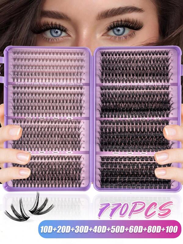770 pièces Faux cils en amas à boucle naturelle mixte de 9-16 mm 10D 20D 30D 40D 50D 60D 80D 100D, extension de cils DIY, amas de longs cils, grande capacité pour le maquillage à la maison, convient aux débutants, doux et confortable, facile à utiliser, applicable pour les vacances, les fêtes, Halloween, Noël