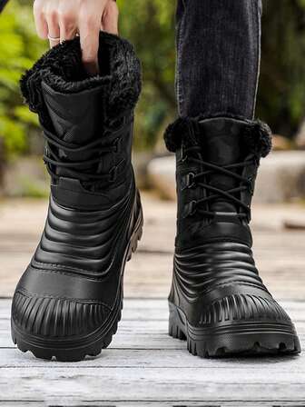 Winter Outdoor Sports Men's Hiking Shoes - Anti-Slip, Water-Resistant Leather Upper Snow Boots - Fashionable Plus Size Work High-Top Leather Boots - Casual Black Rubber Shoes