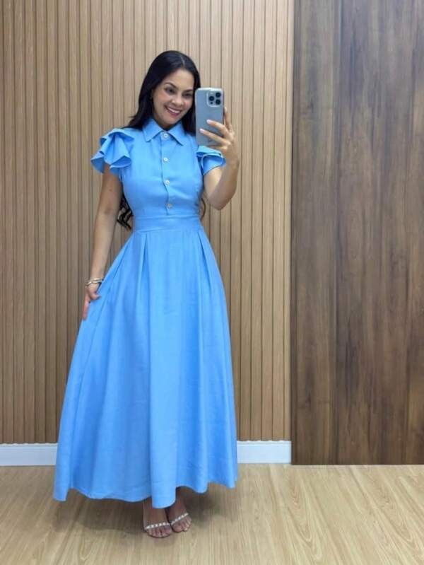 Vestido Longo Feminino Marrant em Tecido Sensorial Macio com Manga e Babados Elegante Confortável