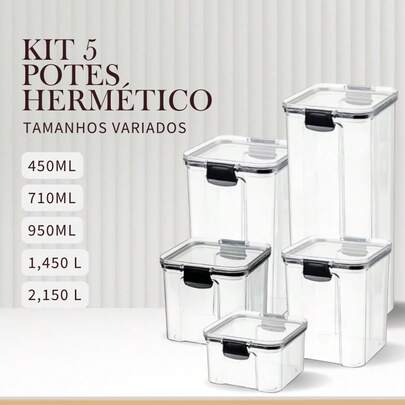 Kit 5 Potes Herméticos Organizador Empilhavel Mantimentos Com Lacre Vedação