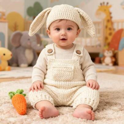 Conjunto de 3 piezas de ropa de bebé tejida - Babero, pantalones y gorro con diseño de zanahoria, conjunto fotogénico de otoño/invierno unisex para bebé, traje de conejo, ropa interior y exterior para recién nacidos, regalo para bebé, ropa de bebé niña, ropa de bebé niño, pelele de bebé