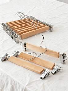 1/5/10 piezas Perchas de madera para pantalones/faldas, perchas de madera maciza para faldas vaqueras con 2 clips ajustables, gancho anti-óxido