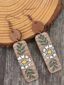 1 Pair Vintage Bohemian 3D Floral Printed Wooden Disc Dangle Earrings