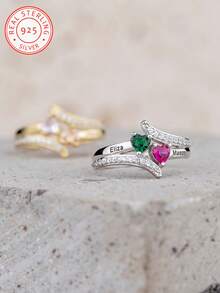 A Bespoke 925 Sterling Silver Ring, Set With Your Birthstone And Engraved With Your English Name. Laser-Etched Name, Heart-Shaped Birthstone Promise Ring, Double-Name Engraved Ring, Christmas Gift, Handcrafted Jewellery. - Multicolor - View 6