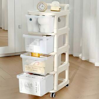 1pc Multi-Tier Rolling Storage Cabinet, With Transparent Drawers & Black-White Design - Heavy-Duty Plastic Structure, 4 Casters For Portability, Compact Space-Saving Organizer For Home, Office, Bedroom, Kitchen, Bathroom - Easy Assembly, Durable Plastic Storage Cabinet