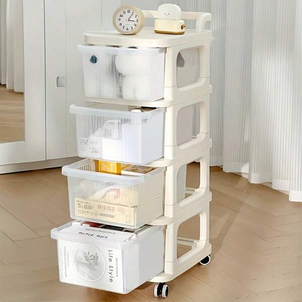 1 pieza Gabinete de almacenamiento con ruedas de varios niveles, con cajones transparentes y diseño en blanco y negro - Estructura de plástico resistente, 4 ruedas para portabilidad, organizador compacto y ahorra espacio para el hogar, oficina, dormitorio, cocina, baño - Fácil montaje, gabinete de almacenamiento de plástico duradero