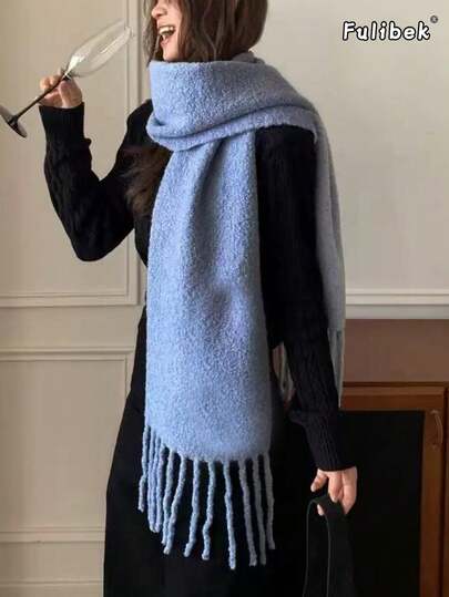 1 buc Eșarfă tricotată din lână nouă pentru femei, toamnă/iarnă, încălzitor de gât gros, stil stradal leneș, britanic, moale, pufos, culoare solidă, extra lung, cu ciucuri, moale și cald, la modă, potrivită pentru călătorii și uz zilnic, cadou