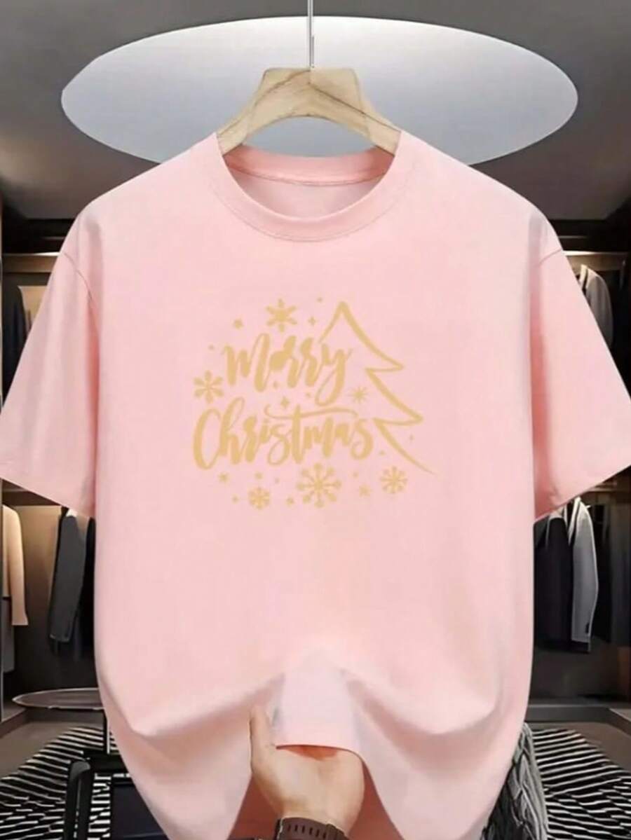 Camiseta casual de cuello redondo para mujer, manga corta, longitud regular, estampado merry cristmas dorado moda para todas las estaciones, blusa con estampado merry cristmas estampado dorado - Rosa - Ver 1