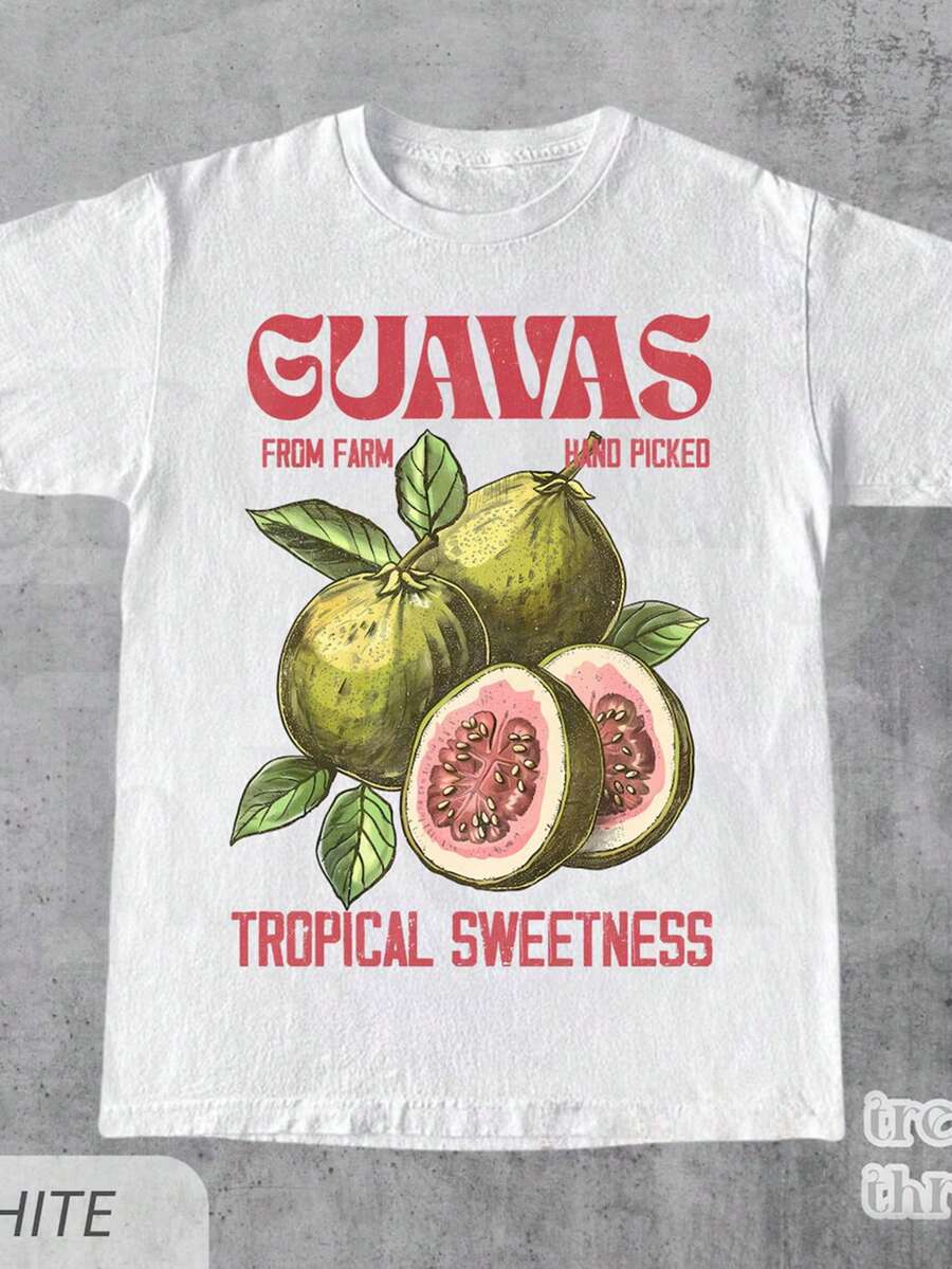 Guavas Tropical Sweetness Graphic Short Sleeve Crew Neck T-Shirt, Vintage Farm Fresh Fruit Print Casual White Oversized Tee, Retro Tropical Aesthetic Summer Streetwear Top - 白色 - 查看 1