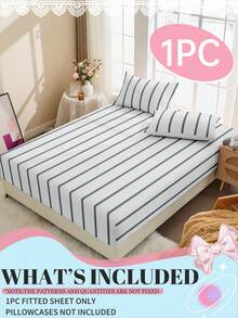 1pc Fitted Sheet, Bedding, Fitted Sheet, Fitted Sheet, Mattress Cover, Soft & Comfortable Mattress Protector, Home Decor, Blue & White Striped Minimalist Fitted Sheet, Without Pillowcase, Suitable For Twin, Full, Queen, King Bed, Bedding Gift, Machine Washable, Oeko-Tex Certified - Multicolor - View 3