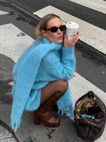 2025 Nuevo suéter de punto holgado, casual y vintage para mujer, de estilo minimalista, para otoño/invierno, con 4.3% de lana, adecuado para otoño, Navidad, regreso a la escuela, mujeres modestas, mujeres de fiesta, mujeres Y2K, tops para salir, mujeres de concierto, mujeres de cita nocturna - Azul - Ver 4