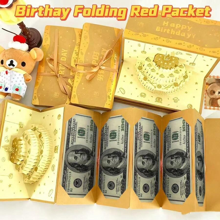 3D Birthday Folding Red Envelope, Men's And Women's Surprise Wallet, Cartoon Greeting Card, Birthday Theme, Creative Cash Gift Wallet, Unique Multifunctional Cash Box Suitable For Any Recipient, Cash Envelope, Hot Stamping Red Envelope. Golden Envelope Christmas Surprise Party Savings Box, Holiday Gift Box.Funny Gifts Gifts For Boyfriend - 金色 - 查看 1