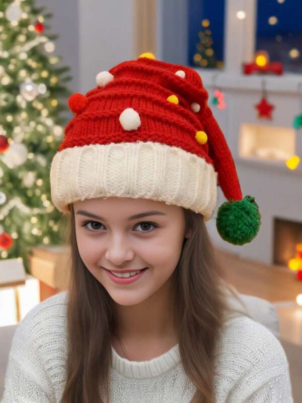 Gorros navideños para adultos y niños, gorros de punto rojos con pompones, gorros festivos de Navidad unisex, adecuados para fiestas navideñas de adultos y niños