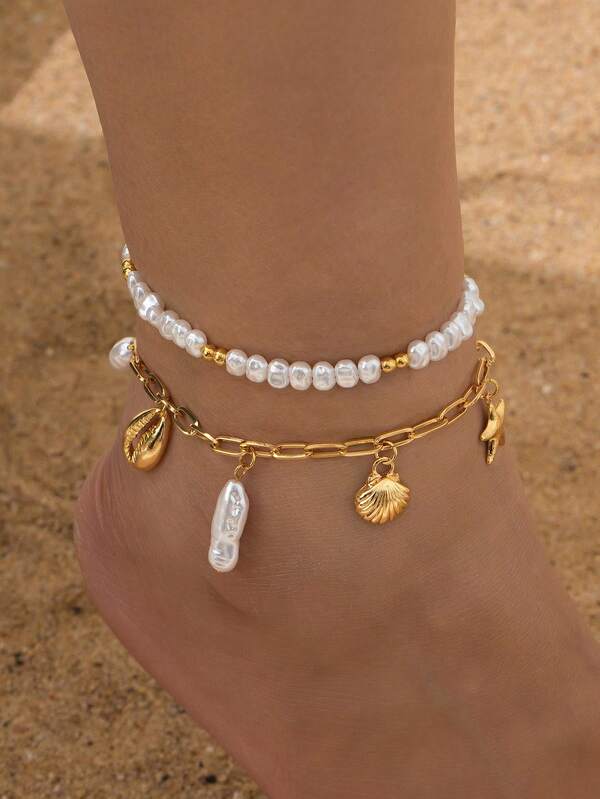 Set de 2 tobilleras bohemias de doble capa con borlas, concha metálica, estrella y cuentas de perlas falsas. Adecuado para combinar a diario, fiestas, vacaciones, regalo del Día de la Madre, accesorio exquisito