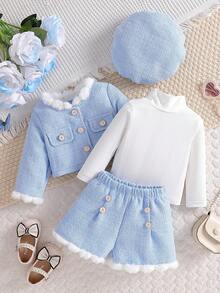 Baby Girls' Cute Furry Collar Cardigan, Solid Color Long Sleeve T-Shirt With Faux Pocket, And Furry Shorts 3-Piece Set With Matching Beret Hat, Elegant And Warm Outfit For Girls, Suitable For Spring/Autumn Outings - Blue - View 3