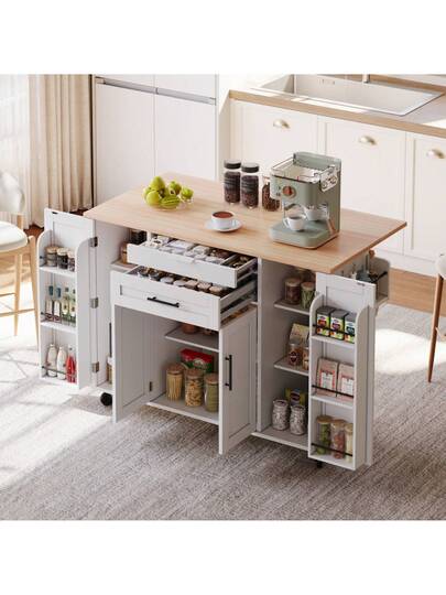 120*45cm, Mobile Kitchen Isl Trolley, Worktop Extends Up To 70cm, Hidden Cutlery Drawer, Adjustable Shelves, Spice Rack Towel Holder, Kitchen, Dining Room Or Living