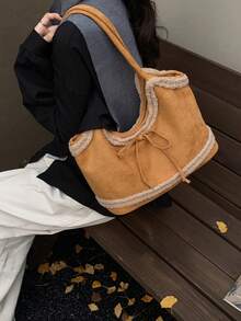 Bolso de mano de ante y piel sintética vintage para mujer, nueva bolsa de hombro con lazo de gran capacidad 2025, bolso de transporte debajo del brazo