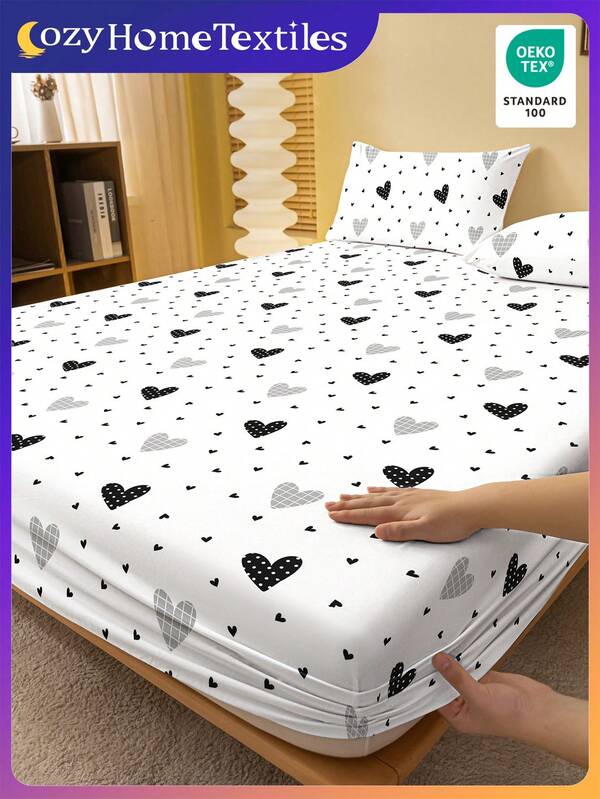 1 pieza Sábana, Ropa de cama, Sábana ajustable, Sábanas ajustables, Protector de colchón, Protector de colchón suave y cómodo para la piel, Sábana ajustable para regalo del Día de San Valentín, Sábana plana con diseño geométrico de amor de dibujos animados, Juego de ropa de cama con patrón de corazones lindos, Decoración del hogar, Sábana ajustable para cama individual, doble, king, queen