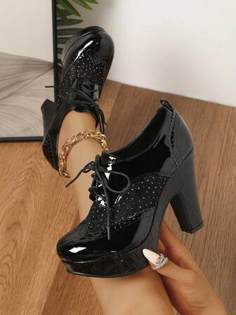 秋冬女士高跟系带深口鞋，漆皮粗跟防水台厚底大码圣诞派对时尚休闲鞋